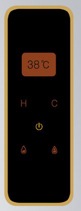 Smart faucet control panel showing 38 °C, hot and cold keys and power key